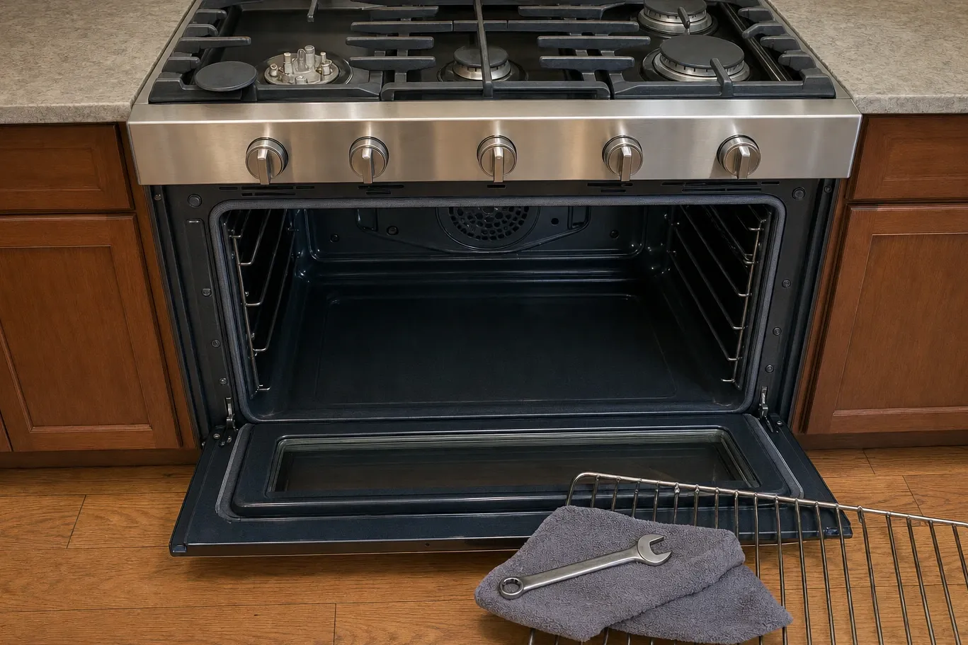 An oven cavity seen square on with the door lowered, the round convection fan cover centred on the rear wall between the rack rails, and a rack and spanner on a towel on the floor