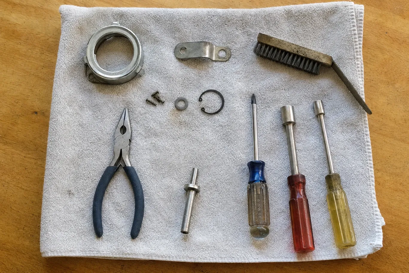 A chrome burner collar, a snap ring, a link plate and a few screws laid out on a towel beside a wire brush, needle-nose pliers, a screwdriver and two nut drivers