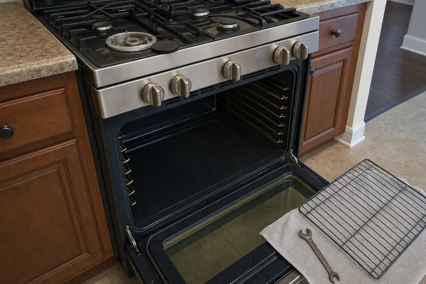 An oven rack lifted out and laid on a towel with a spanner beside it, the oven door still lowered on the empty cavity behind